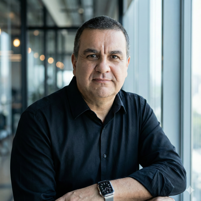 Foto de Fábio Andrade - Profissional de camisa preta em ambiente corporativo